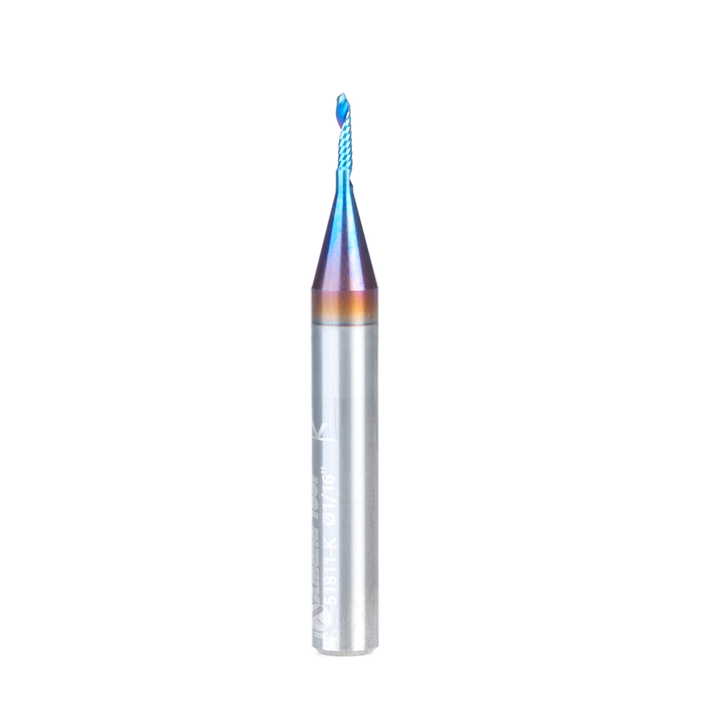 Amana 51811-K Solid Carbide CNC Spektra, Extreme Tool Life Coated Spiral €˜O€™ Flute Ball Nose, Plastic Cutting 1/32 Radius x 1/16 Dia x 1/4 x 1/4 Shank x 2 Inch Long Up-Cut Router Bit