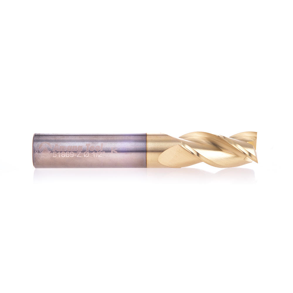 Amana 51869-Z CNC Solid Carbide Aluminum Cutting x 1/2 Dia x 1 x 1/2 Shank x 3 Inch Long x 3 Flute ZrN Coated Up-Cut End Mill