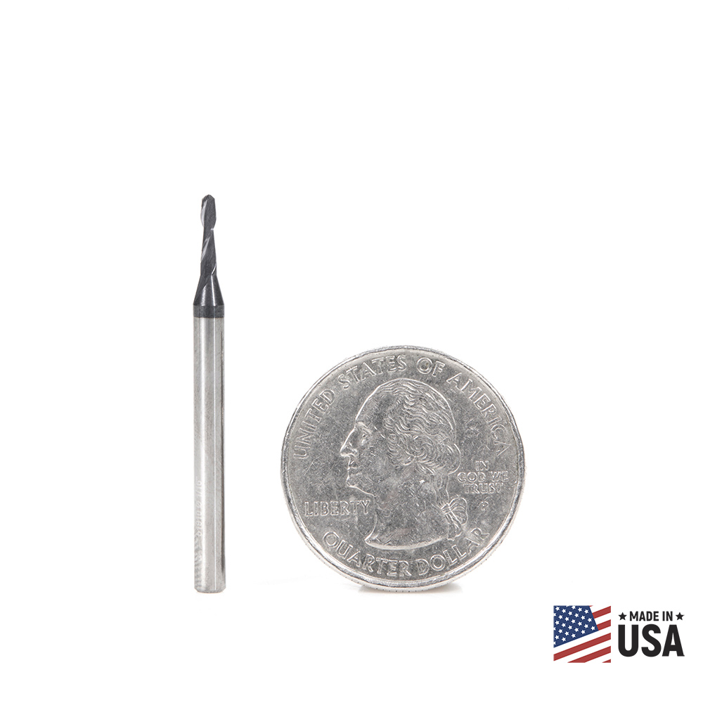 Amana 51910 High Performance Solid Carbide CNC Steel, Stainless Steel & Composite Cutting Variable Helix Spiral Ball Nose with AlTiN Coating 2-Flute x 1/32 Radius x 1/16 Dia x 3/16 x 1/8 Shank x 1-1/2 Inch Long Up-Cut Router Bit/End Mill