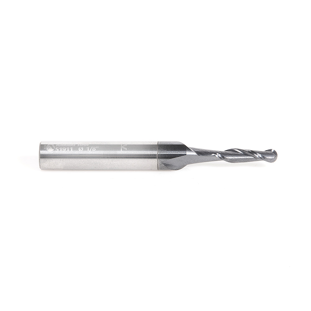Amana 51911 High Performance Solid Carbide CNC Steel, Stainless Steel & Composite Cutting Variable Helix Spiral Ball Nose with AlTiN Coating 2-Flute x 1/16 Radius x 1/8 Dia x 1/2 x 1/4 Shank x 2 Inch Long Up-Cut Router Bit/End Mill