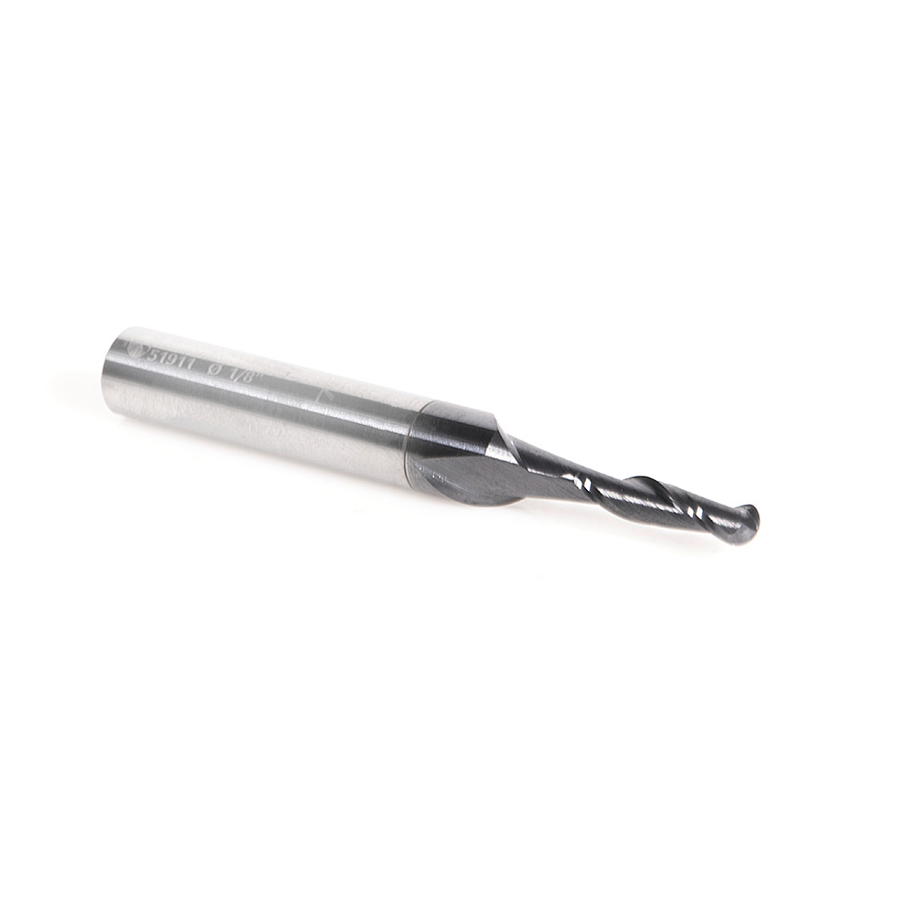 Amana 51911 High Performance Solid Carbide CNC Steel, Stainless Steel & Composite Cutting Variable Helix Spiral Ball Nose with AlTiN Coating 2-Flute x 1/16 Radius x 1/8 Dia x 1/2 x 1/4 Shank x 2 Inch Long Up-Cut Router Bit/End Mill