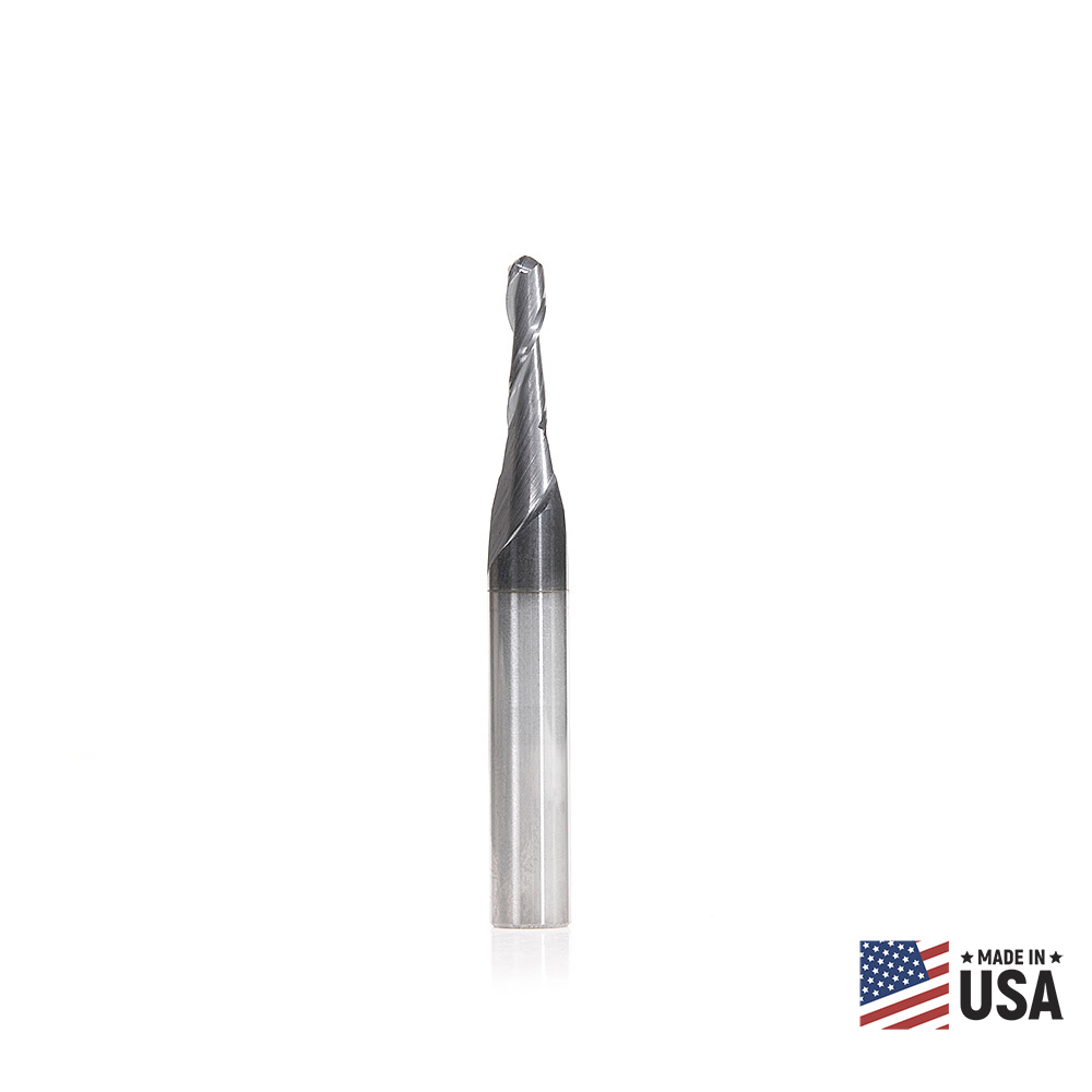Amana 51911 High Performance Solid Carbide CNC Steel, Stainless Steel & Composite Cutting Variable Helix Spiral Ball Nose with AlTiN Coating 2-Flute x 1/16 Radius x 1/8 Dia x 1/2 x 1/4 Shank x 2 Inch Long Up-Cut Router Bit/End Mill