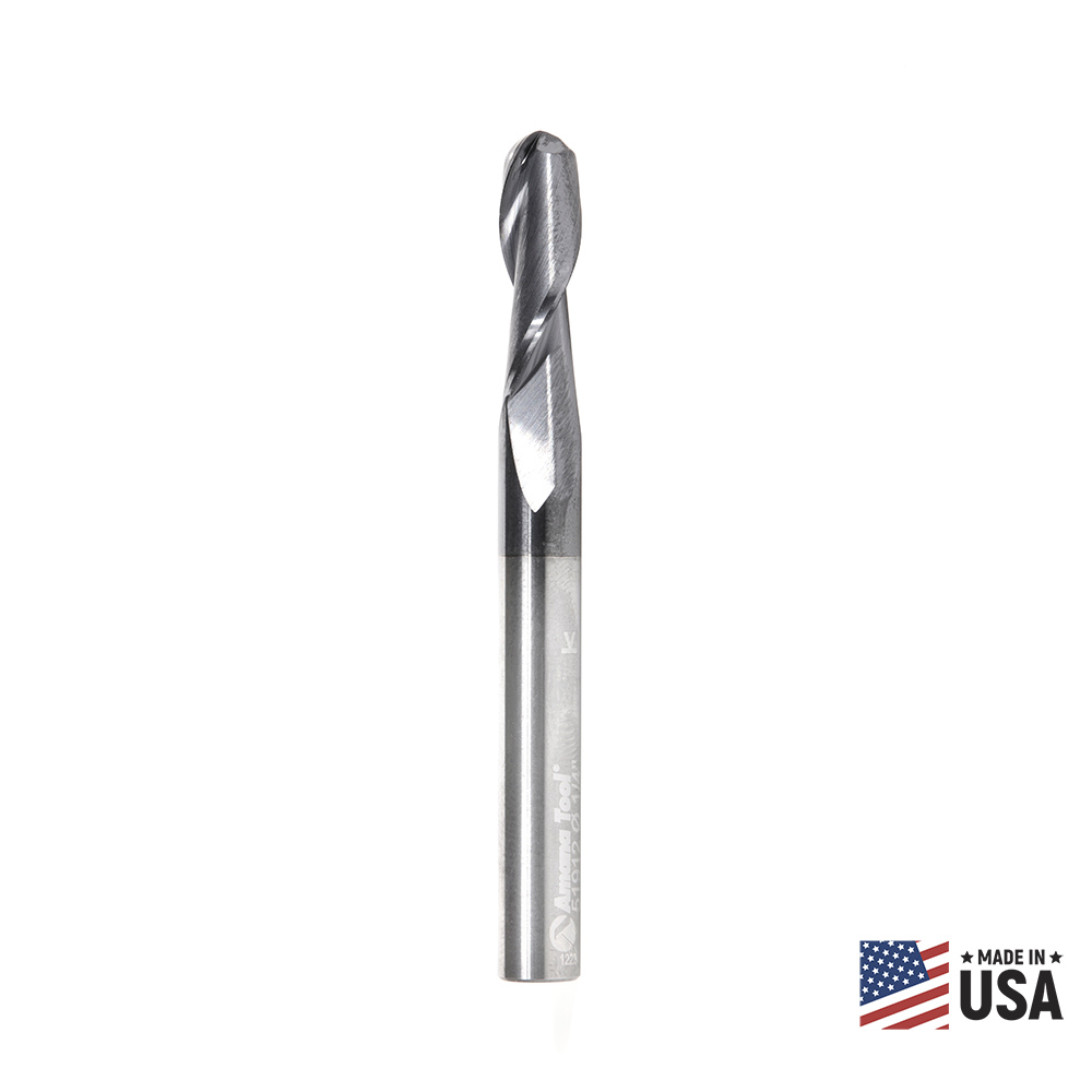 Amana 51912 High Performance Solid Carbide CNC Steel, Stainless Steel & Composite Cutting Variable Helix Spiral Ball Nose with AlTiN Coating 2-Flute x 1/8 Radius x 1/4 Dia x 3/4 x 1/4 Shank x 2-1/2 Inch Long Up-Cut Router Bit/End Mill