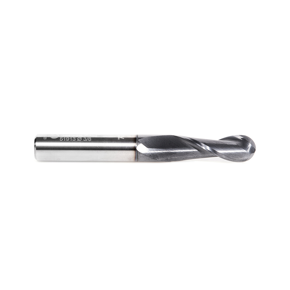 Amana 51913 High Performance Solid Carbide CNC Steel, Stainless Steel & Composite Cutting Variable Helix Spiral Ball Nose with AlTiN Coating 2-Flute x 3/16 Radius x 3/8 Dia x 1-1/8 x 3/8 Shank x 3 Inch Long Up-Cut Router Bit/End Mill