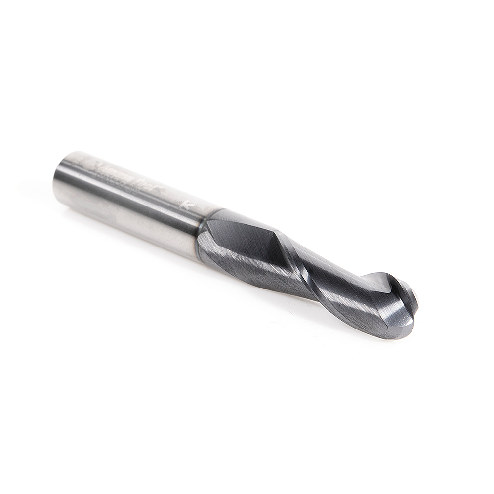 Amana 51913 High Performance Solid Carbide CNC Steel, Stainless Steel & Composite Cutting Variable Helix Spiral Ball Nose with AlTiN Coating 2-Flute x 3/16 Radius x 3/8 Dia x 1-1/8 x 3/8 Shank x 3 Inch Long Up-Cut Router Bit/End Mill