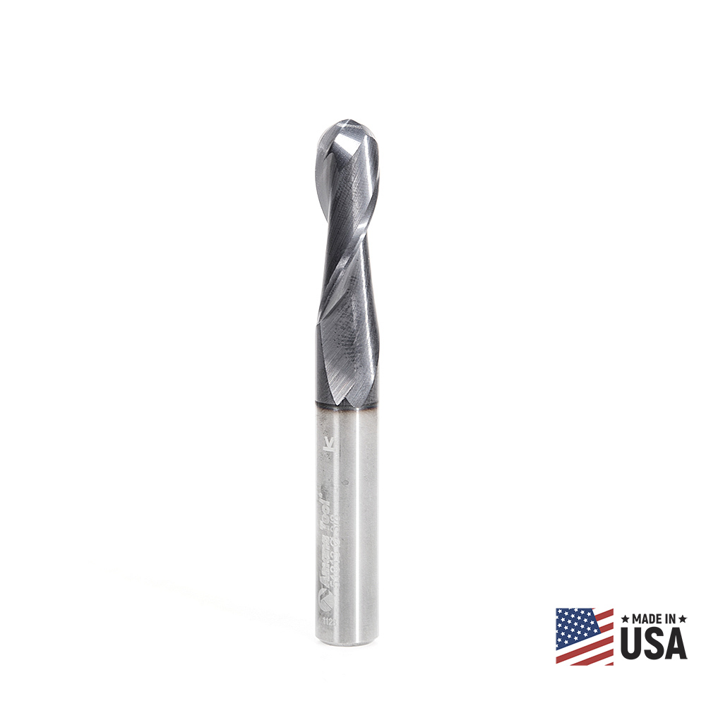 Amana 51913 High Performance Solid Carbide CNC Steel, Stainless Steel & Composite Cutting Variable Helix Spiral Ball Nose with AlTiN Coating 2-Flute x 3/16 Radius x 3/8 Dia x 1-1/8 x 3/8 Shank x 3 Inch Long Up-Cut Router Bit/End Mill