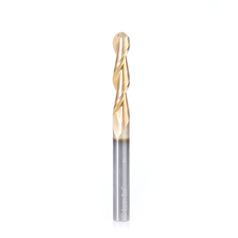 Amana 51915-Z Solid Carbide CNC Spiral 'O' Flute Ball Nose Up-Cut, Aluminum Cutting 3/16 R x 3/8 Dia x 1-3/4 x 3/8 Shank ZrN Coated Router Bit