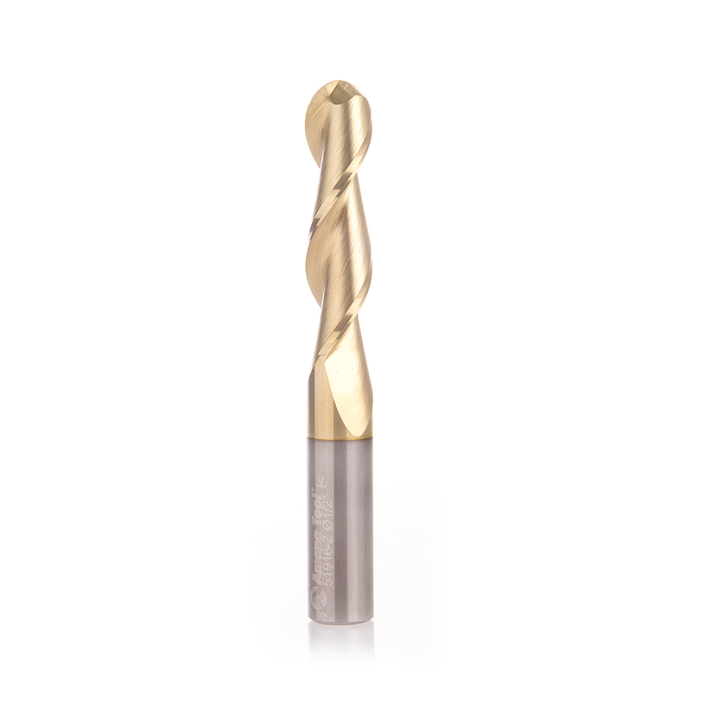 Amana 51916-Z Solid Carbide CNC Spiral 'O' Flute Ball Nose Up-Cut, Aluminum Cutting 1/4 R x 1/2 Dia x 2 x 1/2 Shank ZrN Coated Router Bit