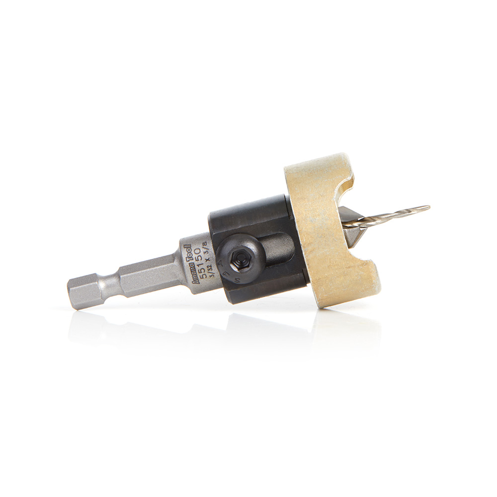 Amana 55150 Carbide Tipped 82 Degree Countersink with Tapered Drill and Adjustable Depth Stop with No-Thrust Ball Bearing 3/8 Dia x 3/32 Drill Dia x 1/4 Inch Quick Release Hex Shank