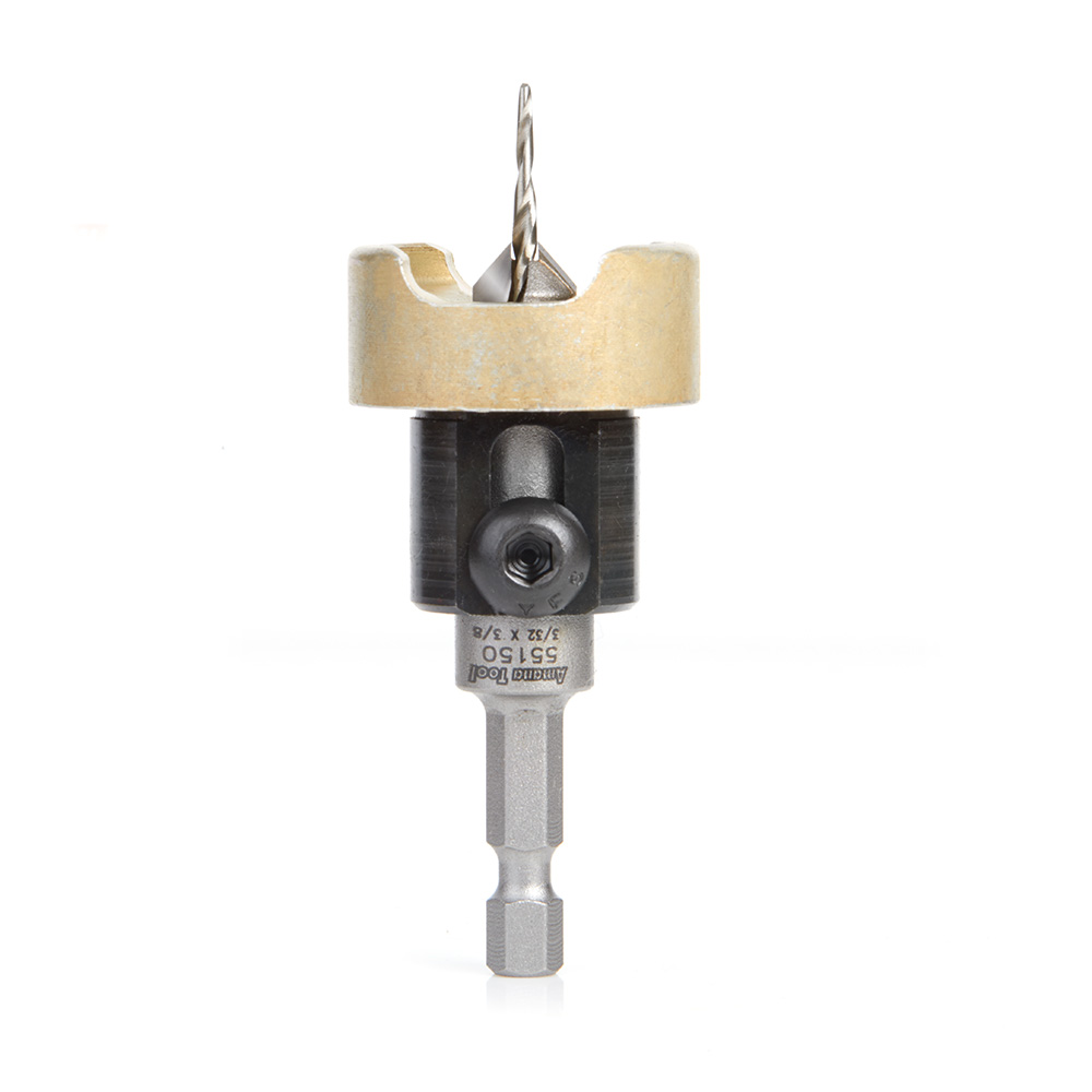 Amana 55150 Carbide Tipped 82 Degree Countersink with Tapered Drill and Adjustable Depth Stop with No-Thrust Ball Bearing 3/8 Dia x 3/32 Drill Dia x 1/4 Inch Quick Release Hex Shank