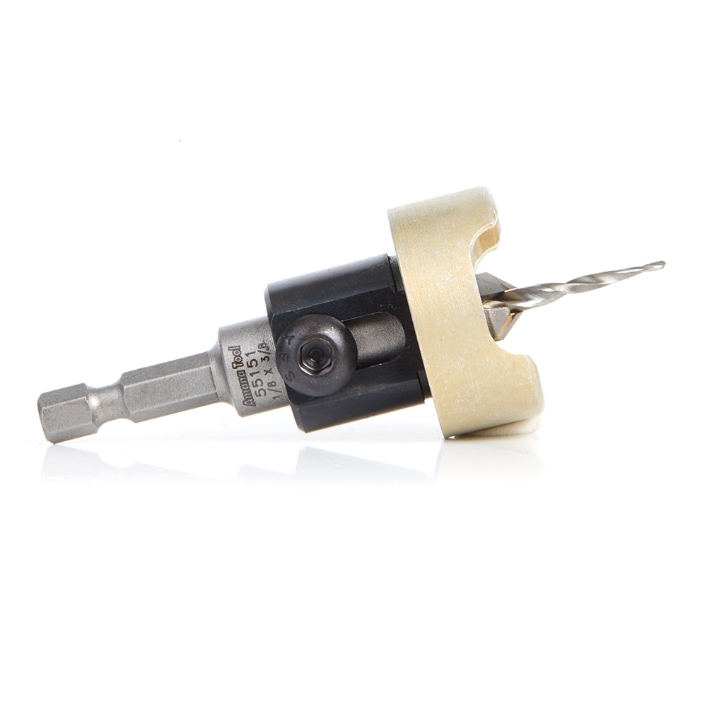 Amana 55151 Carbide Tipped 82 Degree Countersink with with Tapered Drill and Adjustable Depth Stop with No-Thrust Ball Bearing, 3/8 Dia x 1/8 Drill Dia x 1/4 Inch Quick Release Hex Shank