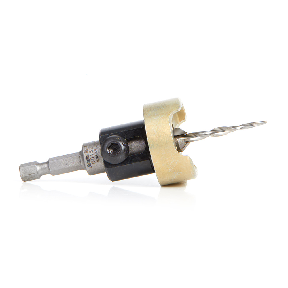 Amana 55152 Carbide Tipped 82 Degree Countersink with Tapered Drill and Adjustable Depth Stop with No-Thrust Ball Bearing, 3/8 Dia x 9/64 Drill Dia x 1/4 Inch Quick Release Hex Shank