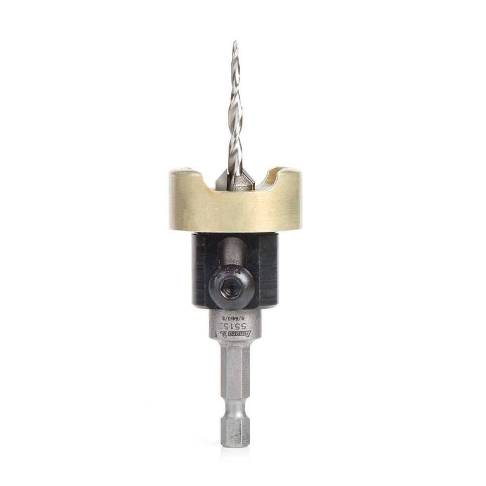 Amana 55152 Carbide Tipped 82 Degree Countersink with Tapered Drill and Adjustable Depth Stop with No-Thrust Ball Bearing, 3/8 Dia x 9/64 Drill Dia x 1/4 Inch Quick Release Hex Shank