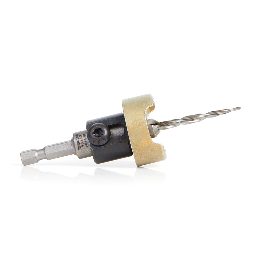 Amana 55153 Carbide Tipped 82 Degree Countersink with Tapered Drill and Adjustable Depth Stop with No-Thrust Ball Bearing, 3/8 Dia x 5/32 Drill Dia x 1/4 Inch Quick Release Hex Shank