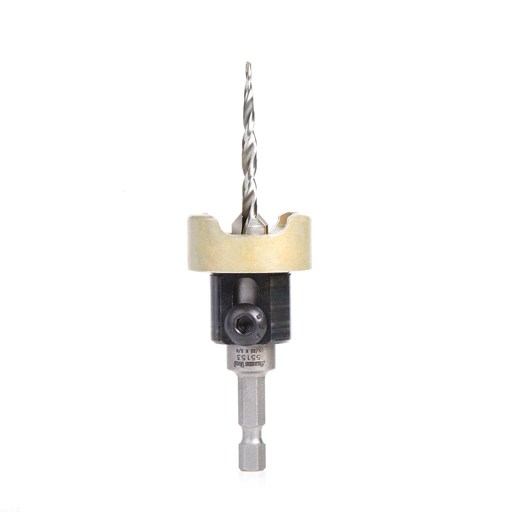 Amana 55153 Carbide Tipped 82 Degree Countersink with Tapered Drill and Adjustable Depth Stop with No-Thrust Ball Bearing, 3/8 Dia x 5/32 Drill Dia x 1/4 Inch Quick Release Hex Shank
