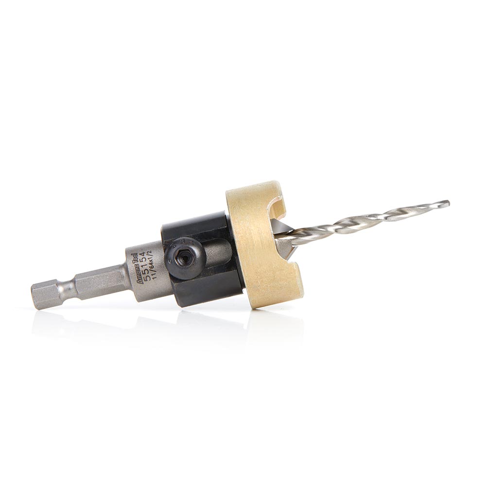 Amana 55154 Carbide Tipped 82 Degree Countersink with Tapered Drill and Adjustable Depth Stop with No-Thrust Ball Bearing, 1/2 Dia x 11/64 Drill Dia x 1/4 Inch Quick Release Hex Shank