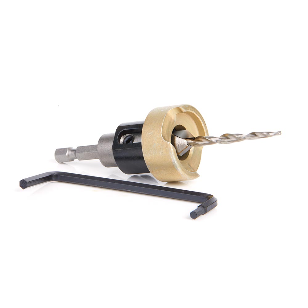 Amana 55154 Carbide Tipped 82 Degree Countersink with Tapered Drill and Adjustable Depth Stop with No-Thrust Ball Bearing, 1/2 Dia x 11/64 Drill Dia x 1/4 Inch Quick Release Hex Shank