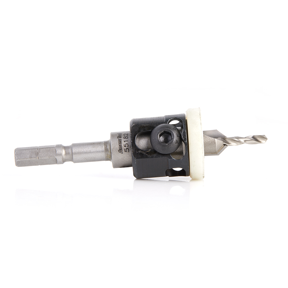 Amana 55182 Carbide Tipped 82 Degree Countersink with Adjustable Low Friction Depth Stop, For Festool® CENTROTEC® System 3/8 Dia x 1/8 Drill Dia