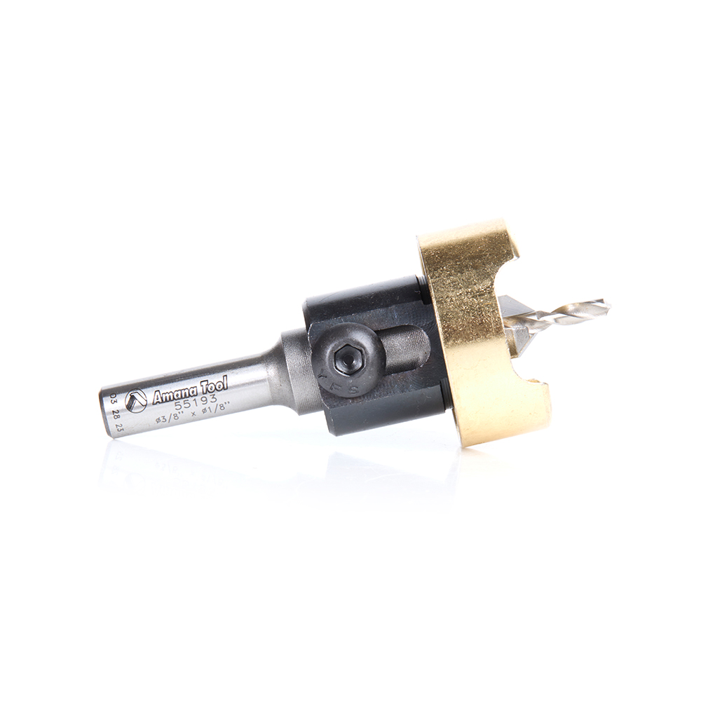 Amana 55193 Carbide Tipped 82 Degree Countersink with Adjustable Depth Stop with No-Thrust Ball Bearing, 3/8 Dia x 1/8 Drill Dia x 5/16 Inch Round Shank