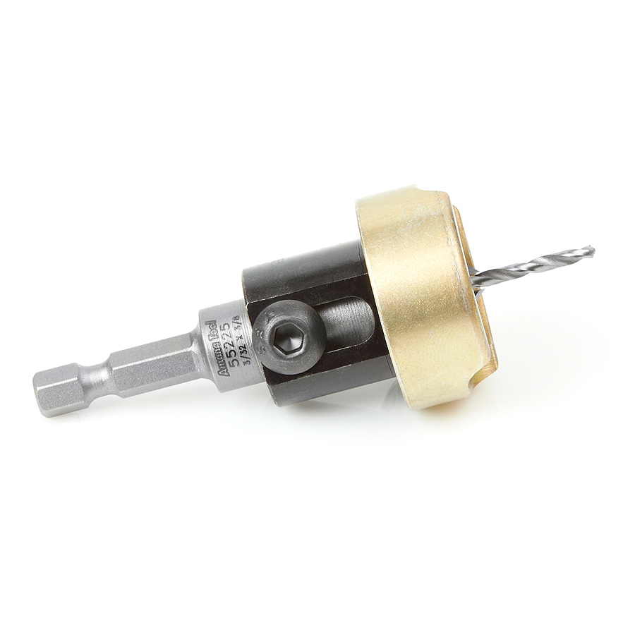 Amana 55225 Carbide Tipped 82 Degree Countersink with Adjustable Depth Stop and No-Thrust Ball Bearing 3/8 Dia x 3/32 Drill Dia x 1/4 Inch Quick Release Hex Shank