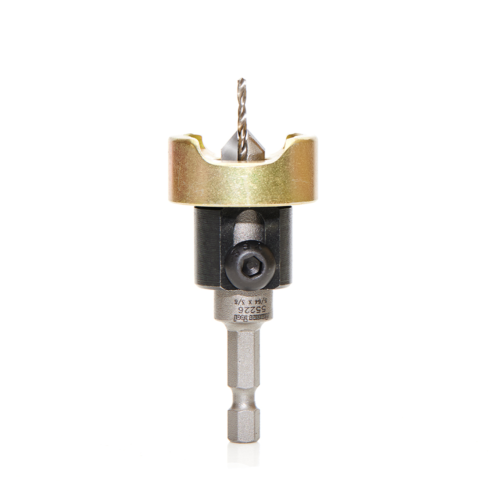 Amana 55226 Carbide Tipped 82 Degree Countersink with Adjustable Depth Stop and No-Thrust Ball Bearing, 3/8 Dia x 5/64 Drill Dia x 1/4 Inch Quick Release Hex Shank