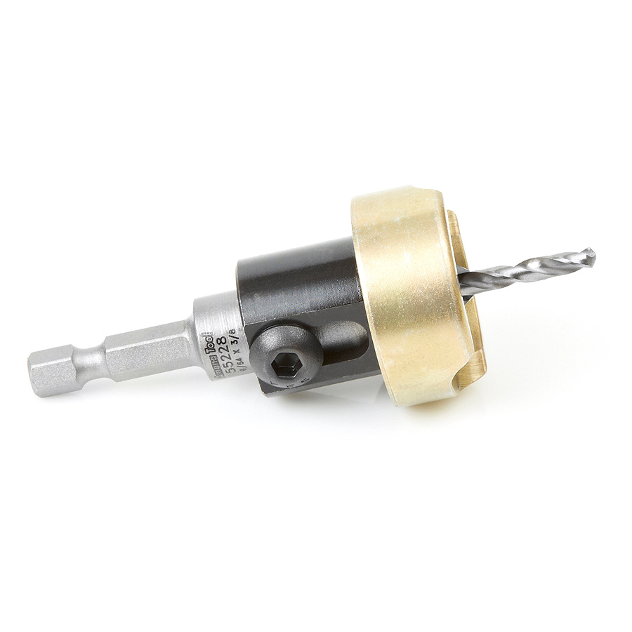 Amana 55228 Carbide Tipped 82 Degree Countersink with Adjustable Depth Stop and No-Thrust Ball Bearing, 3/8 Dia x 9/64 Drill Dia x 1/4 Inch Quick Release Hex Shank
