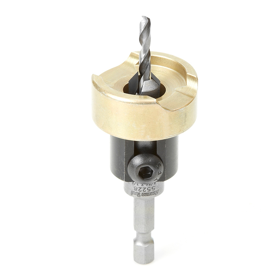 Amana 55228 Carbide Tipped 82 Degree Countersink with Adjustable Depth Stop and No-Thrust Ball Bearing, 3/8 Dia x 9/64 Drill Dia x 1/4 Inch Quick Release Hex Shank