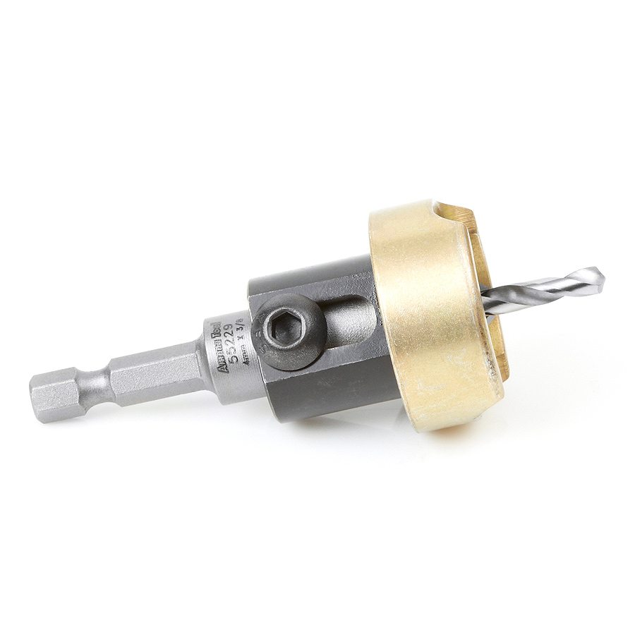 Amana 55229 Carbide Tipped 82 Degree Countersink with Adjustable Depth Stop and No-Thrust Ball Bearing, 3/8 Dia x 5/32 Drill Dia x 1/4 Inch Quick Release Hex Shank