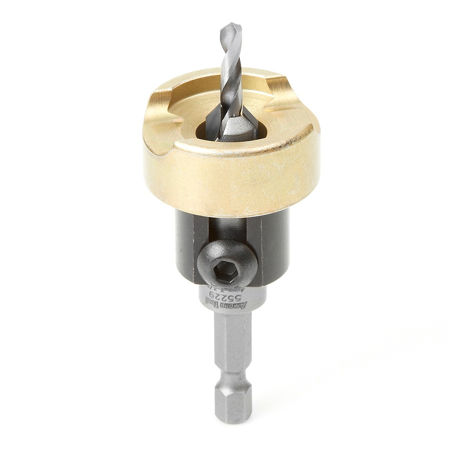 Amana 55229 Carbide Tipped 82 Degree Countersink with Adjustable Depth Stop and No-Thrust Ball Bearing, 3/8 Dia x 5/32 Drill Dia x 1/4 Inch Quick Release Hex Shank