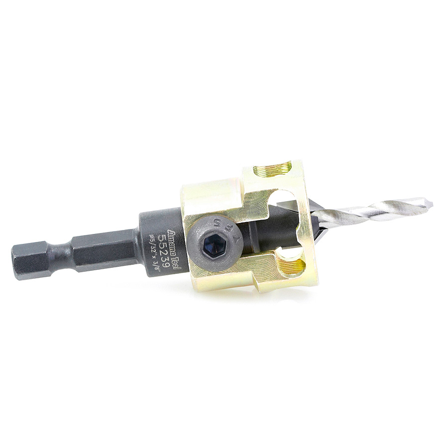 Amana 55239 Carbide Tipped Adjustable Countersink with Depth-Stop 3/8 Dia x 49 Degree Angle x 1/4 Shank Includes Repl. Drill Bit 630-230