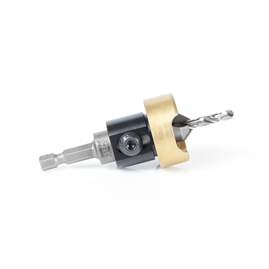 Amana 55240 Carbide Tipped 82 Degree Countersink with Adjustable Depth Stop and No-Thrust Ball Bearing, 1/2 Dia x 11/64 Drill Dia x 1/4 Inch Quick Release Hex Shank