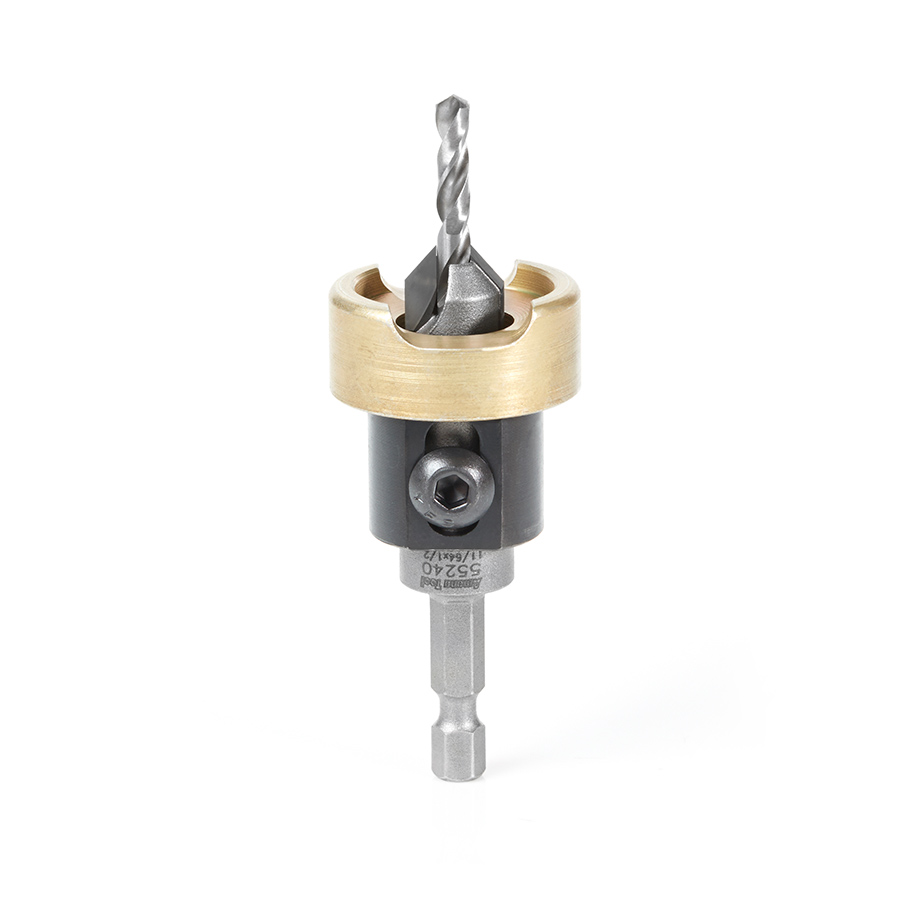 Amana 55240 Carbide Tipped 82 Degree Countersink with Adjustable Depth Stop and No-Thrust Ball Bearing, 1/2 Dia x 11/64 Drill Dia x 1/4 Inch Quick Release Hex Shank