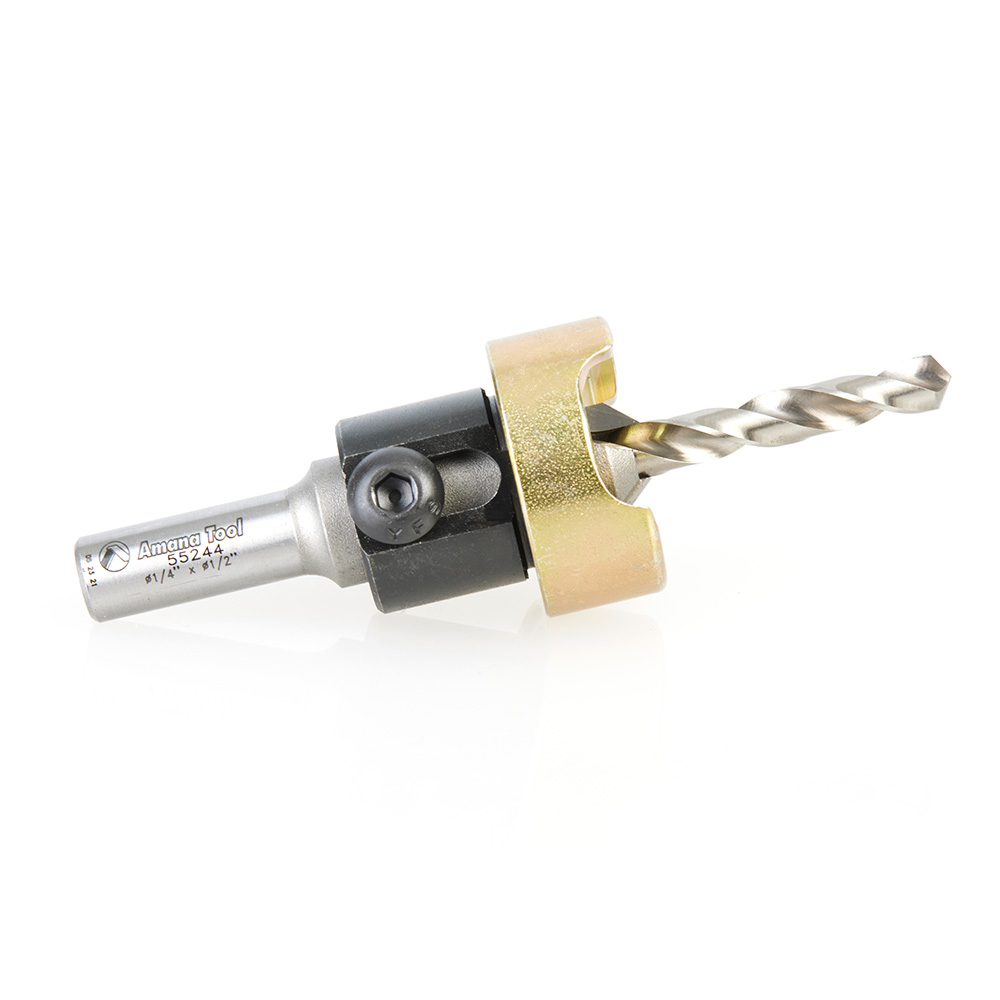 Amana 55244 Carbide Tipped 82 Degree Countersink with Adjustable Depth Stop and No-Thrust Ball Bearing, 1/2 Dia x 1/4 Drill Dia x 10mm Quick Release Round Shank