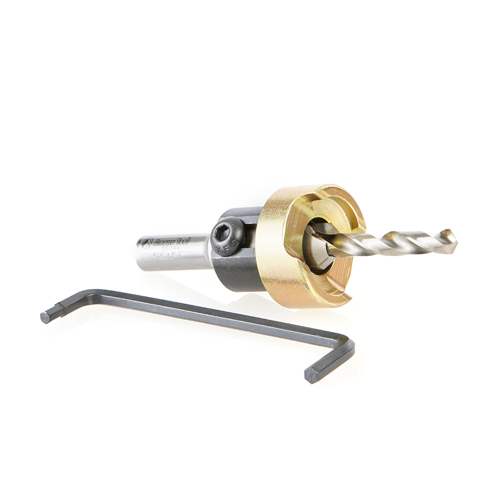 Amana 55244 Carbide Tipped 82 Degree Countersink with Adjustable Depth Stop and No-Thrust Ball Bearing, 1/2 Dia x 1/4 Drill Dia x 10mm Quick Release Round Shank