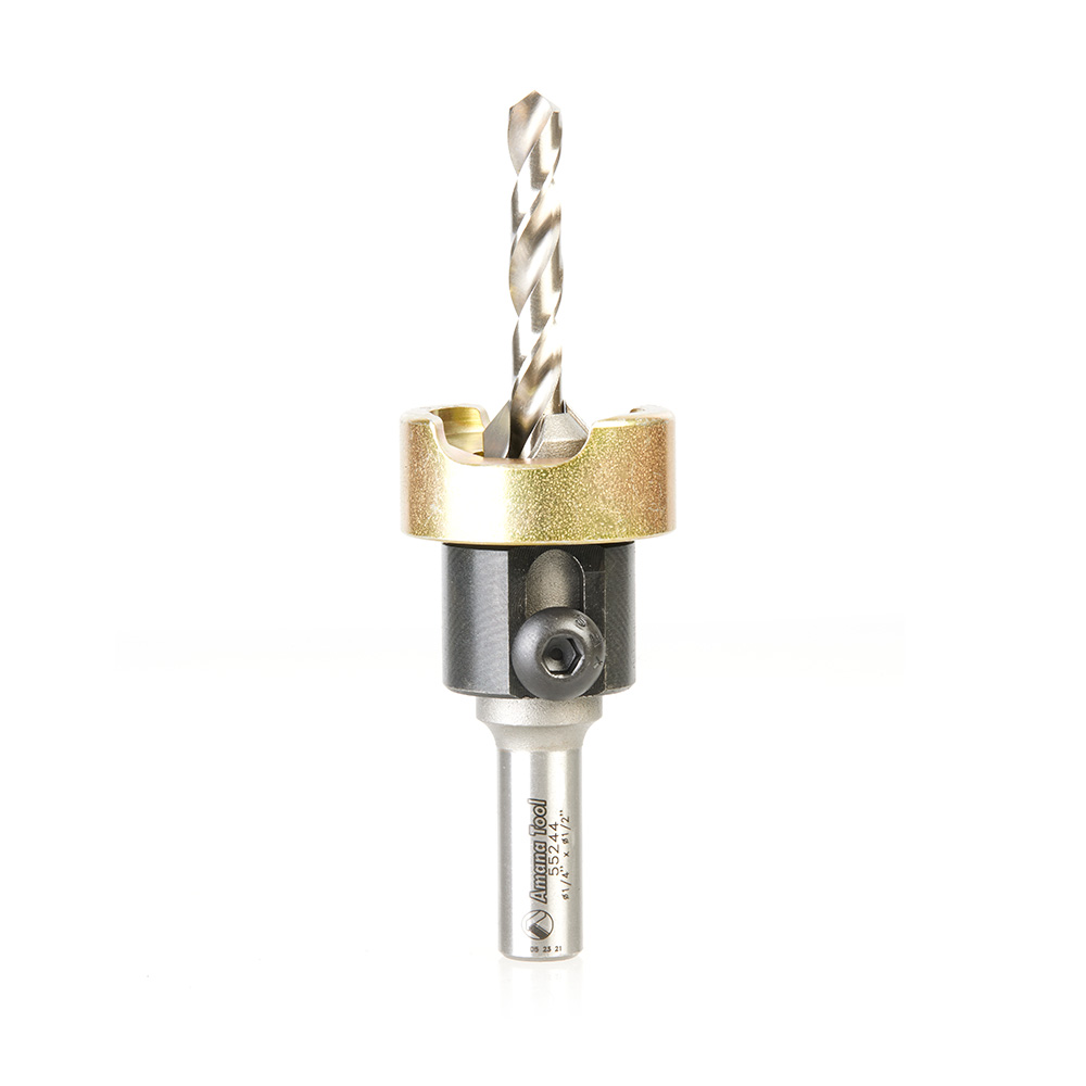 Amana 55244 Carbide Tipped 82 Degree Countersink with Adjustable Depth Stop and No-Thrust Ball Bearing, 1/2 Dia x 1/4 Drill Dia x 10mm Quick Release Round Shank