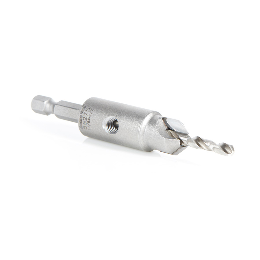 Amana 55275 Replacement Carbide Tipped Countersink with Slow Spiral HSS M2 Drill for #8 Size Screw 11/64 Drill Dia x 1/4 Hex Shank for #55240 Adjustable No-Thrust Countersink