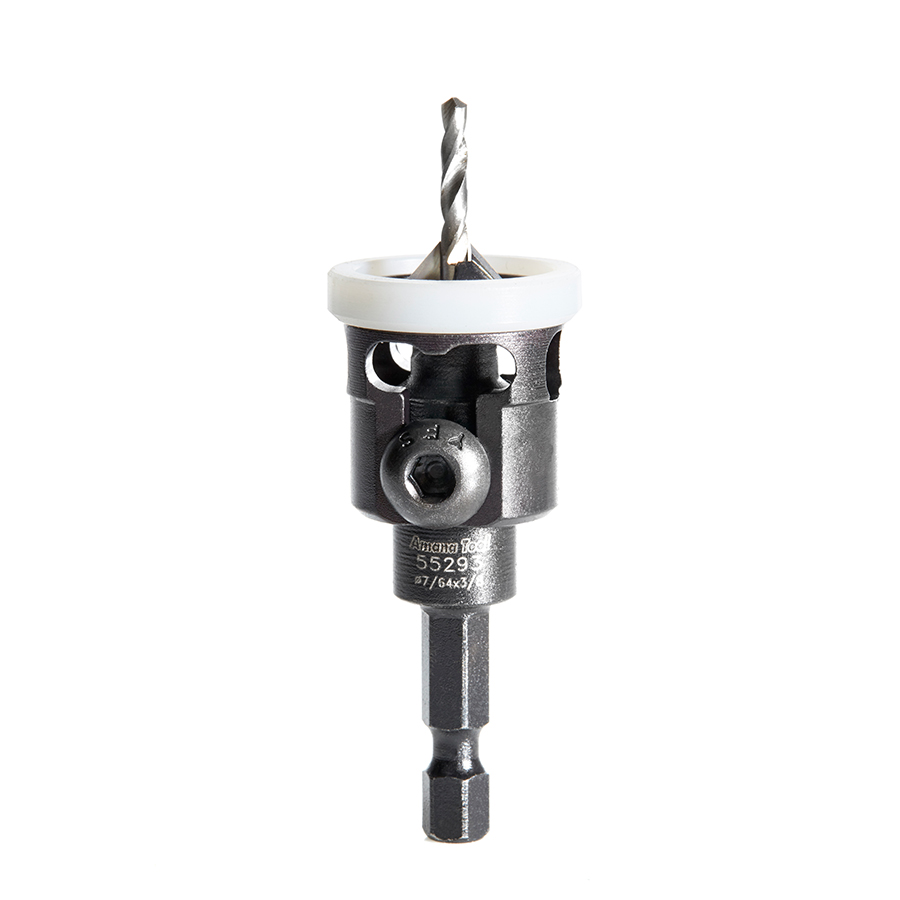 Amana 55293 Carbide Tipped 82 Degree Countersink with Adjustable Low Friction Depth Stop, 3/8 Dia x 7/64 Drill Dia x 1/4 Inch Quick Release Hex Shank