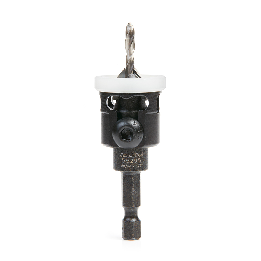 Amana 55295 Carbide Tipped 82 Degree Countersink with Adjustable Low Friction Depth Stop, 1/2 Dia x 9/64 Drill Dia x 1/4 Inch Quick Release Hex Shank