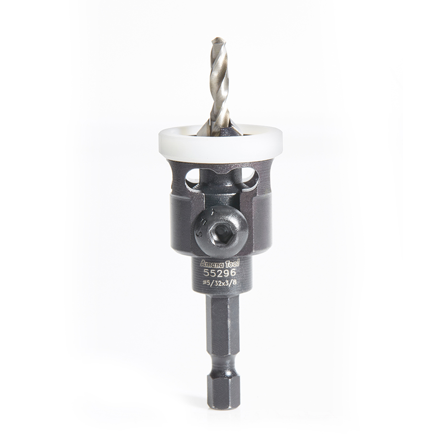 Amana 55296 Carbide Tipped 82 Degree Countersink with Adjustable Low Friction Depth Stop, 3/8 Dia x 5/32 Drill Dia x 1/4 Inch Quick Release Hex Shank