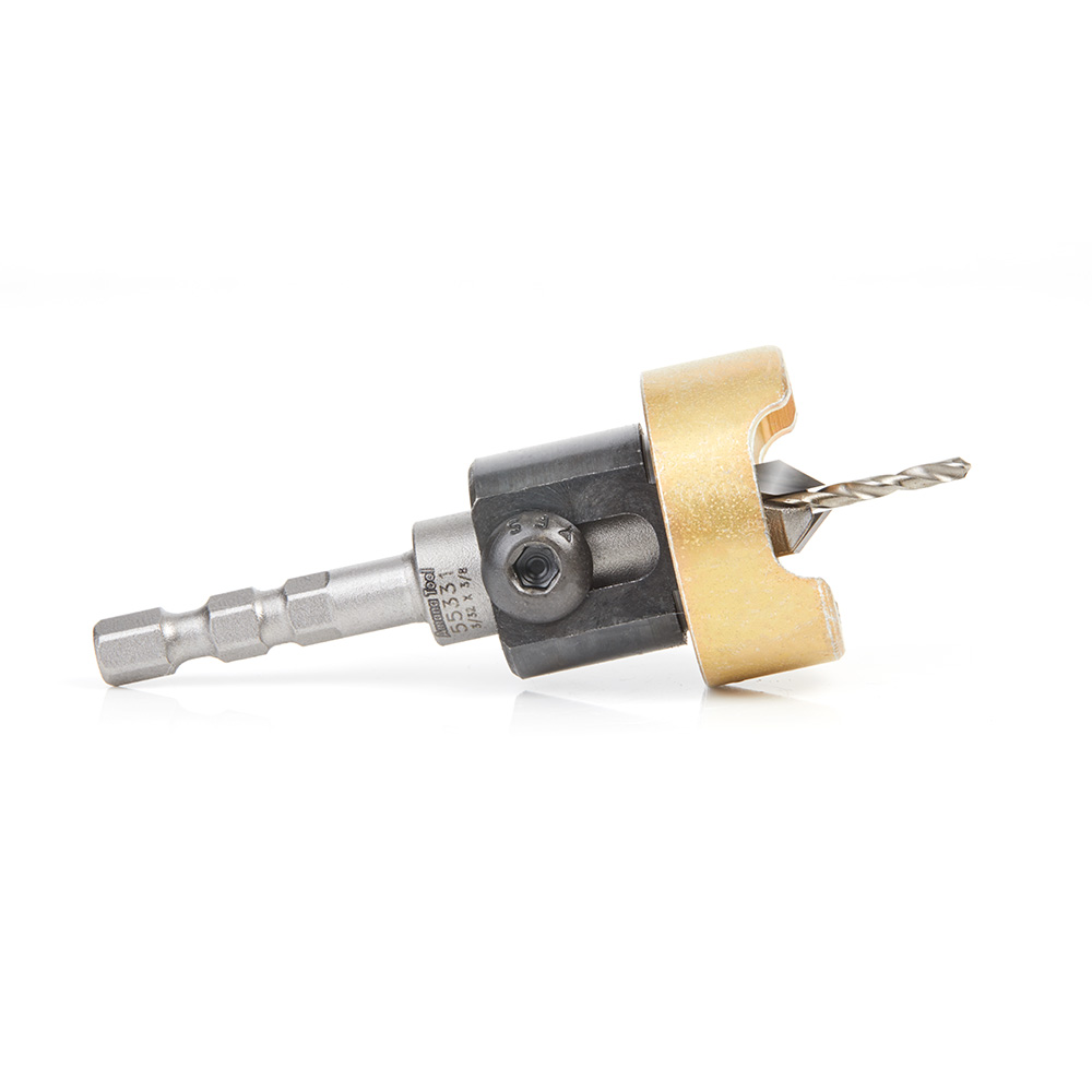 Amana 55331 Carbide Tipped 82 Degree Countersink with Adjustable Depth Stop and No-Thrust Ball Bearing, Hybrid For Festool CENTROTEC® System 3/8 Dia x 3/32 Drill Dia x 1/4 Inch Quick Release Hex Shank
