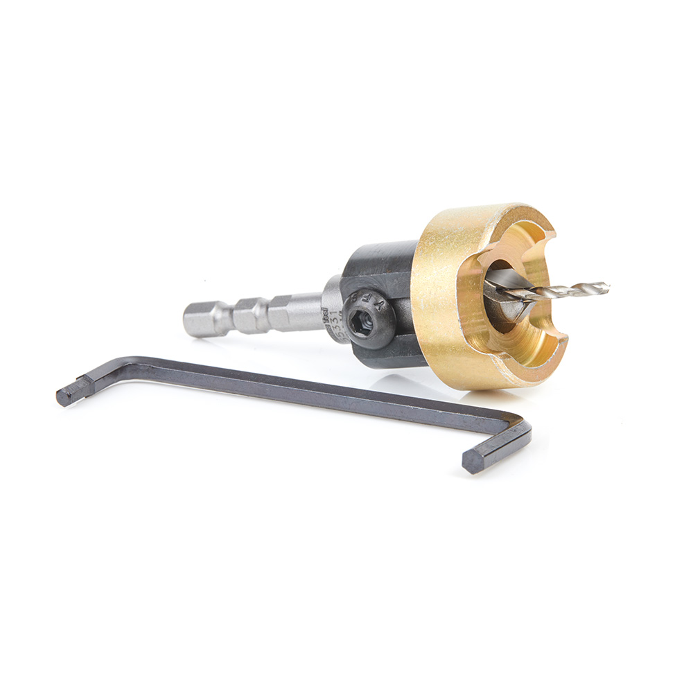 Amana 55331 Carbide Tipped 82 Degree Countersink with Adjustable Depth Stop and No-Thrust Ball Bearing, Hybrid For Festool CENTROTEC® System 3/8 Dia x 3/32 Drill Dia x 1/4 Inch Quick Release Hex Shank