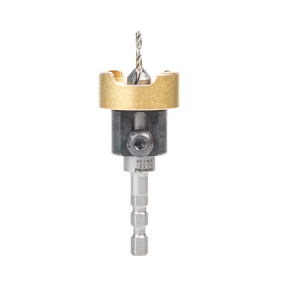 Amana 55331 Carbide Tipped 82 Degree Countersink with Adjustable Depth Stop and No-Thrust Ball Bearing, Hybrid For Festool CENTROTEC® System 3/8 Dia x 3/32 Drill Dia x 1/4 Inch Quick Release Hex Shank