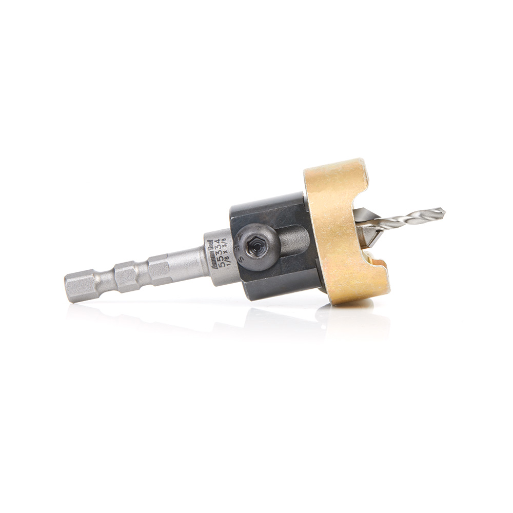 Amana 55334 Carbide Tipped 82 Degree Countersink with Adjustable Depth Stop and No-Thrust Ball Bearing, Hybrid for Festool® CENTROTEC® System 3/8 Dia x 1/8 Drill Dia x 1/4 Inch Quick Release Hex Shank