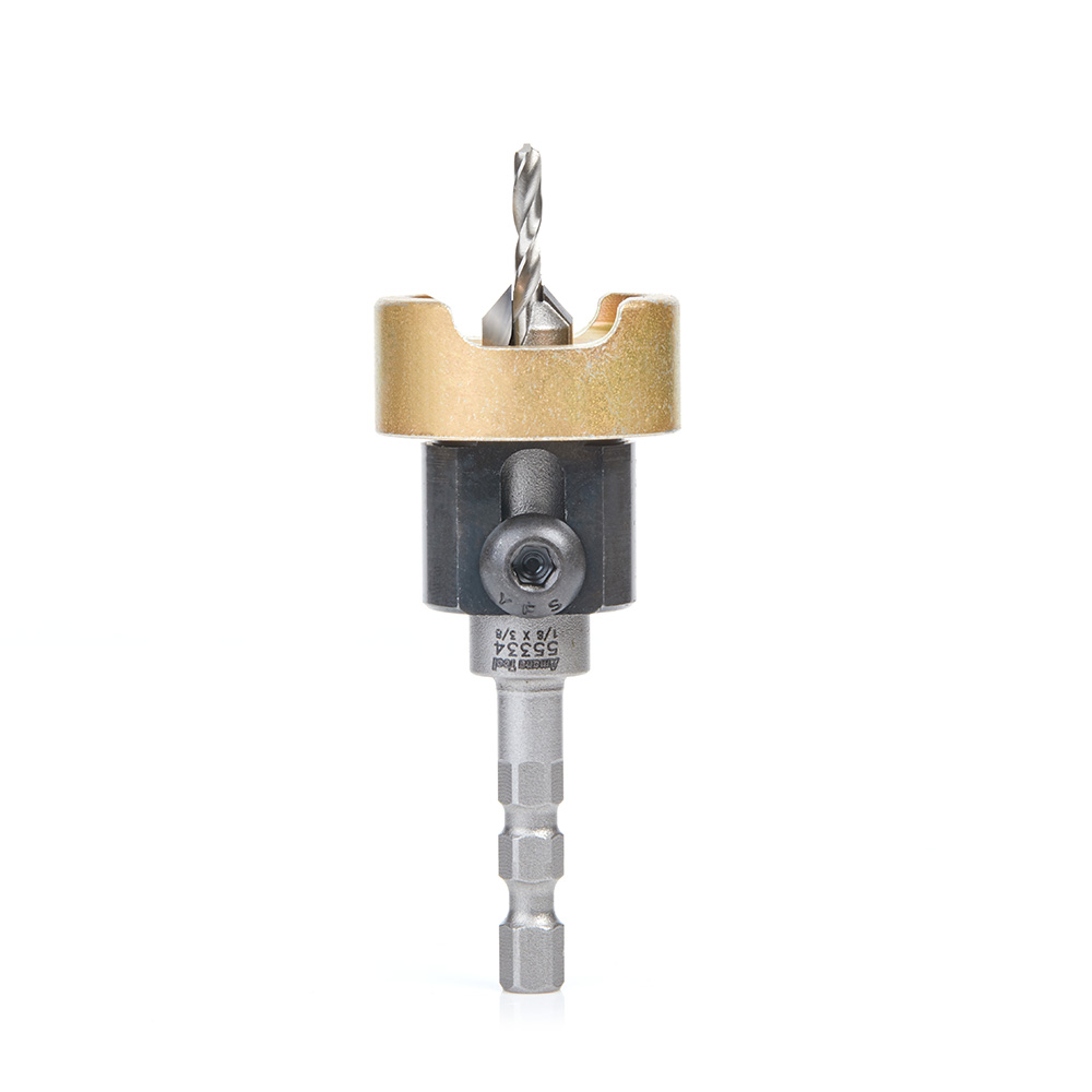 Amana 55334 Carbide Tipped 82 Degree Countersink with Adjustable Depth Stop and No-Thrust Ball Bearing, Hybrid for Festool® CENTROTEC® System 3/8 Dia x 1/8 Drill Dia x 1/4 Inch Quick Release Hex Shank