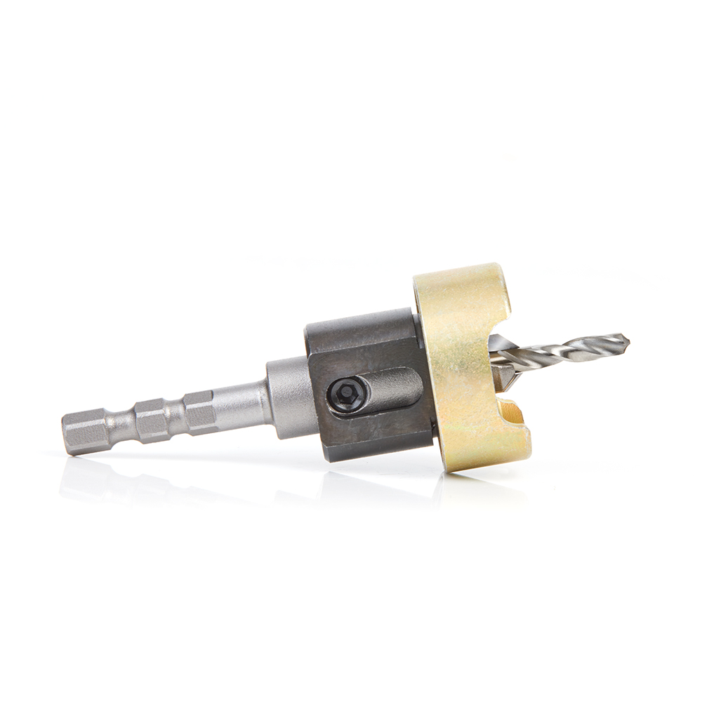 Amana 55336 Carbide Tipped 82 Degree Countersink with Adjustable Depth Stop and No-Thrust Ball Bearing, Hybrid for Festool® CENTROTEC® System 3/8 Dia x 5/32 Drill Dia x 1/4 Inch Quick Release Hex Shank