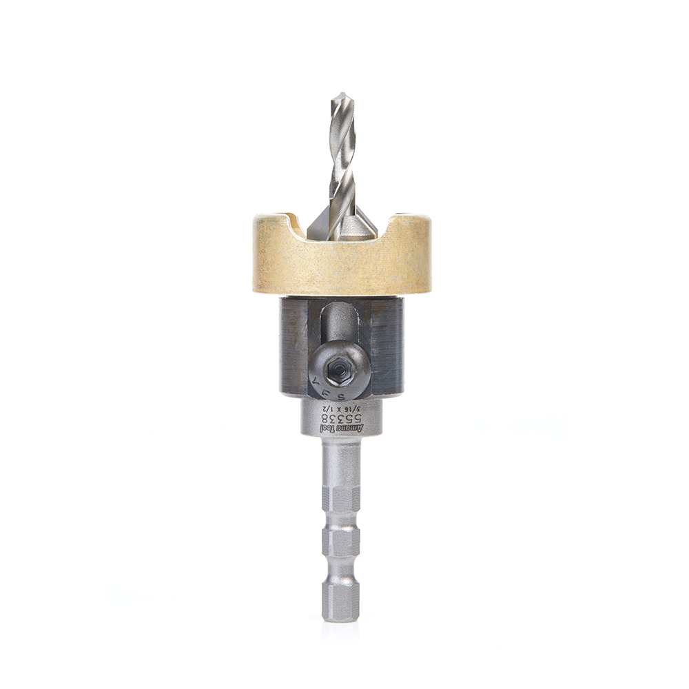 Amana 55338 Carbide Tipped 82 Degree Countersink with Adjustable Depth Stop and No-Thrust Ball Bearing, Hybrid for Festool® CENTROTEC® System 1/2 Dia x 3/16 Drill Dia x 1/4 Inch Quick Release Hex Shank