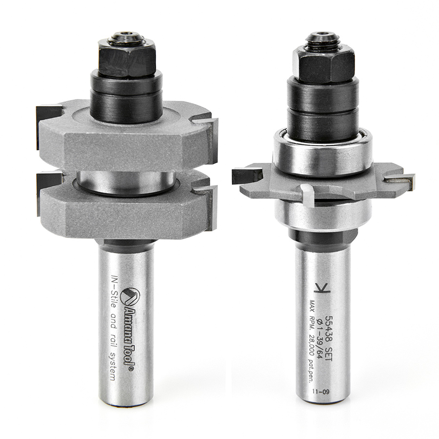 Amana 55438 Carbide Tipped Adjustable Mission Style Straight Instile and Rail System 1-5/8 Dia x 5/8 to 1-1/8 x 1/2 Inch Shank Set