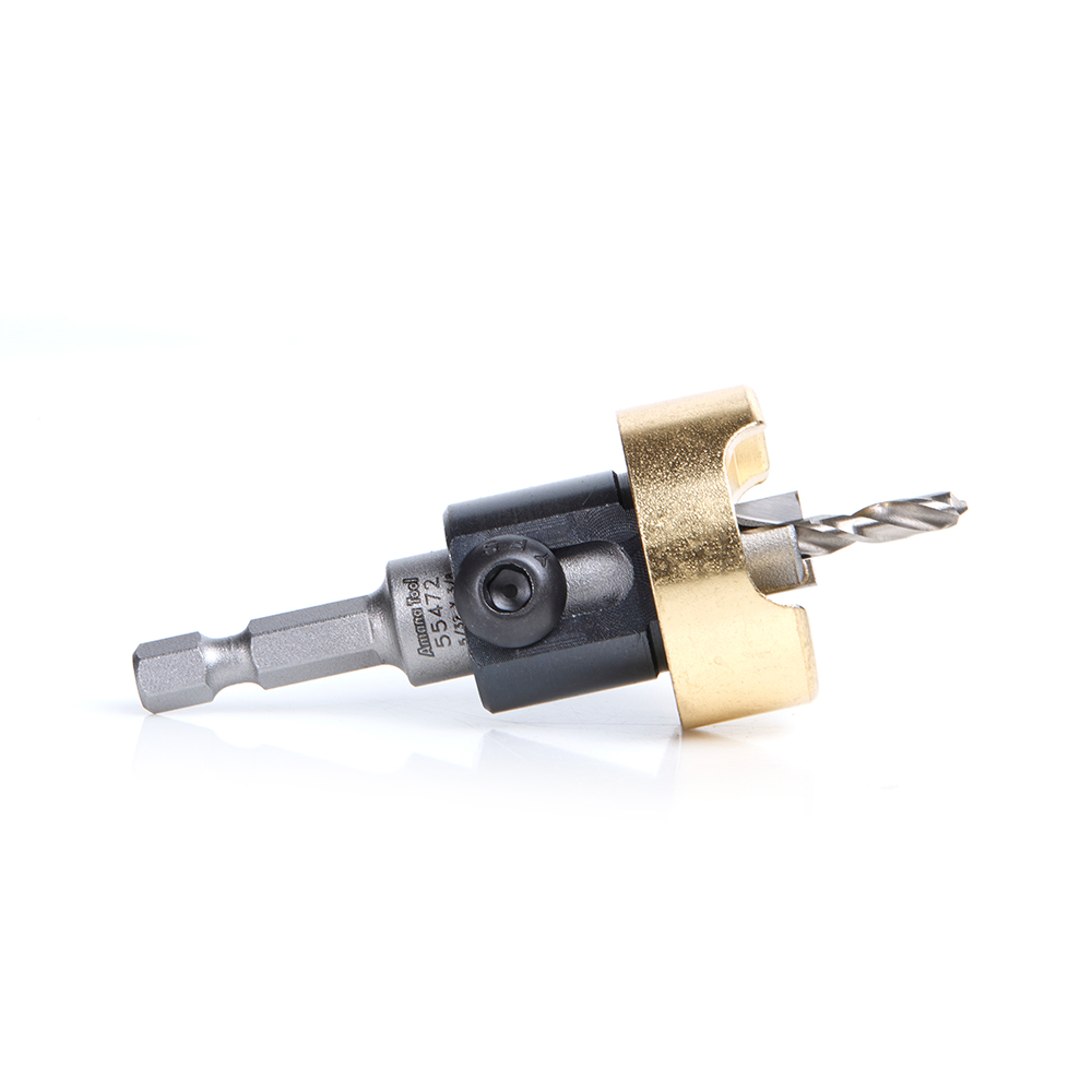 Amana 55472 Carbide Tipped Counterbore with Adjustable Depth Stop and No-Thrust Ball Bearing, 3/8 Dia x 5/32 Drill Dia x 1/4 Inch Quick Release Hex Shank