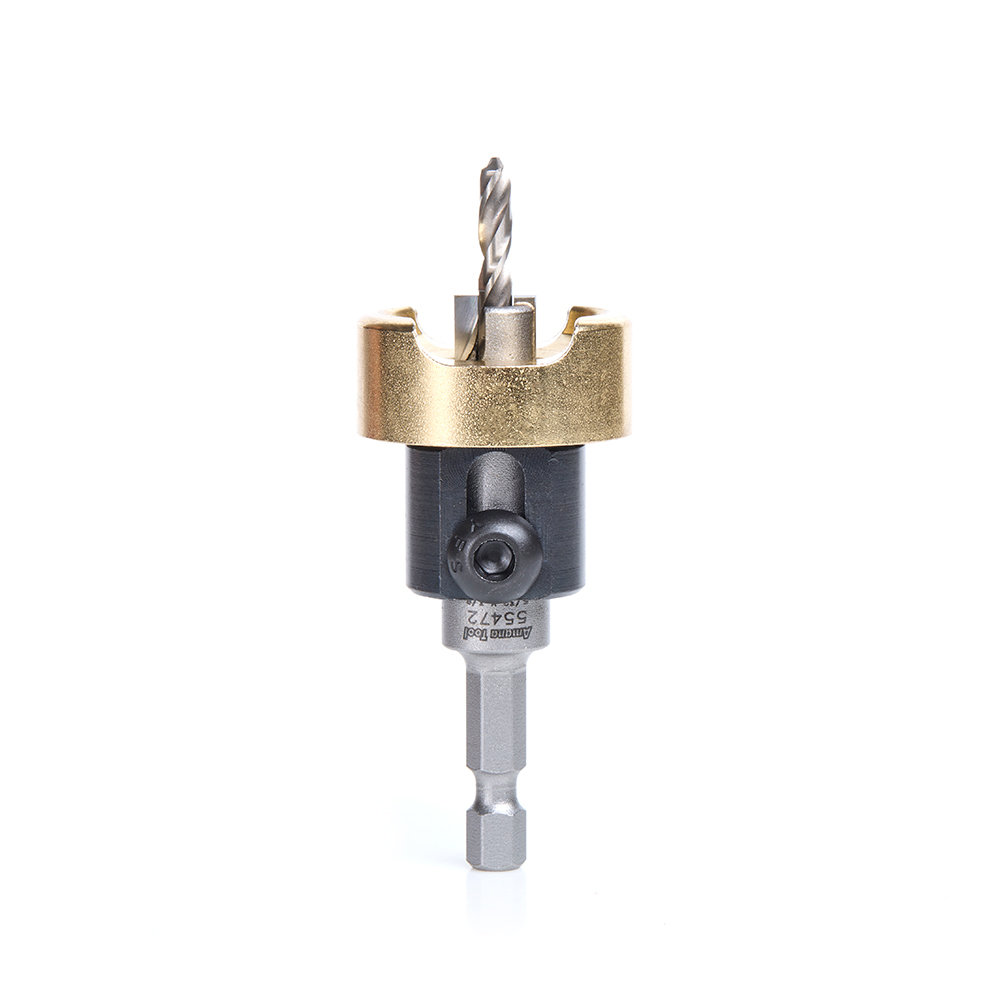 Amana 55472 Carbide Tipped Counterbore with Adjustable Depth Stop and No-Thrust Ball Bearing, 3/8 Dia x 5/32 Drill Dia x 1/4 Inch Quick Release Hex Shank