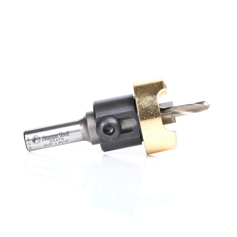 Amana 55476 Carbide Tipped Counterbore with Adjustable Depth Stop and No-Thrust Ball Bearing, 3/8 Dia x 3/16 Drill Dia x 3/8 Inch Round Shank